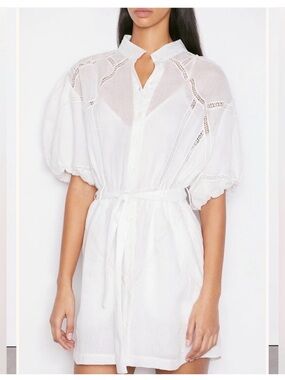 Linen inset lace White Button-Front mini Dress with Puff Sleeves